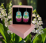 Exquisitely handcrafted in Slavic style unique Matryoshka doll earrings | Handmade acrylic green and purple matryoshka earrings feature a traditional Russian nesting doll design