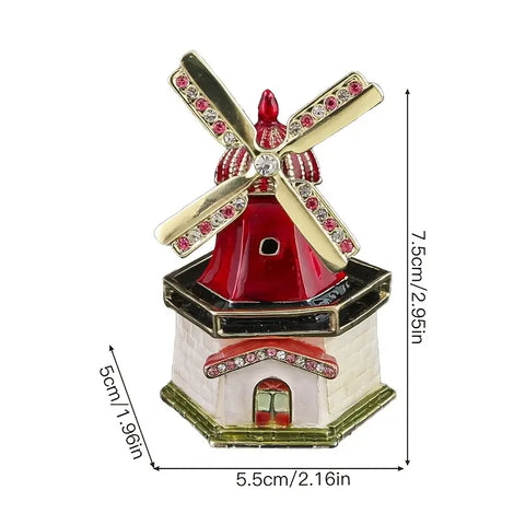 Luxury Handcrafted Red Windmill Jewelry Box with Crystal Accents