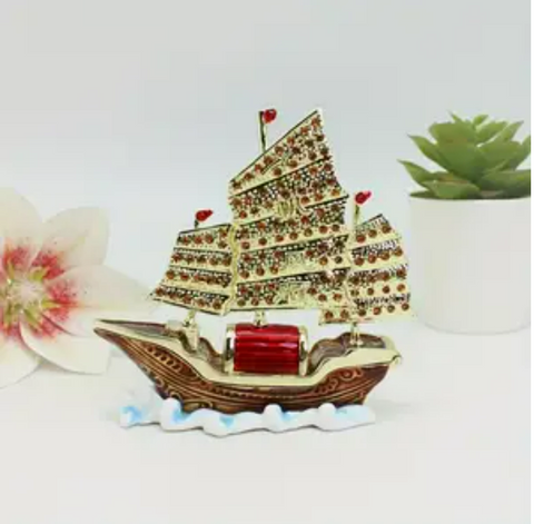Luxury Handcrafted Sailboat Ship Jewelry Box with Crystal Accents
