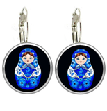 Beautiful Matryoshka Matreshka Cabochon Earrings Russian with Blue on Black Undertone