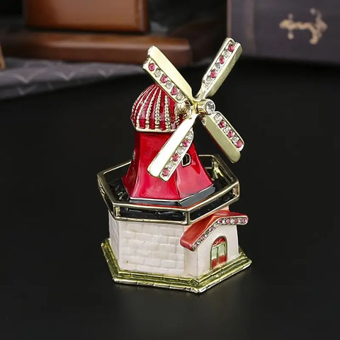 Luxury Handcrafted Red Windmill Jewelry Box with Crystal Accents