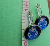 Beautiful Matryoshka Matreshka Cabochon Earrings Russian with Blue on Black Undertone